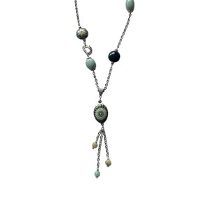 Teal Flower Long Pendant Necklace with Golem Clay Beads