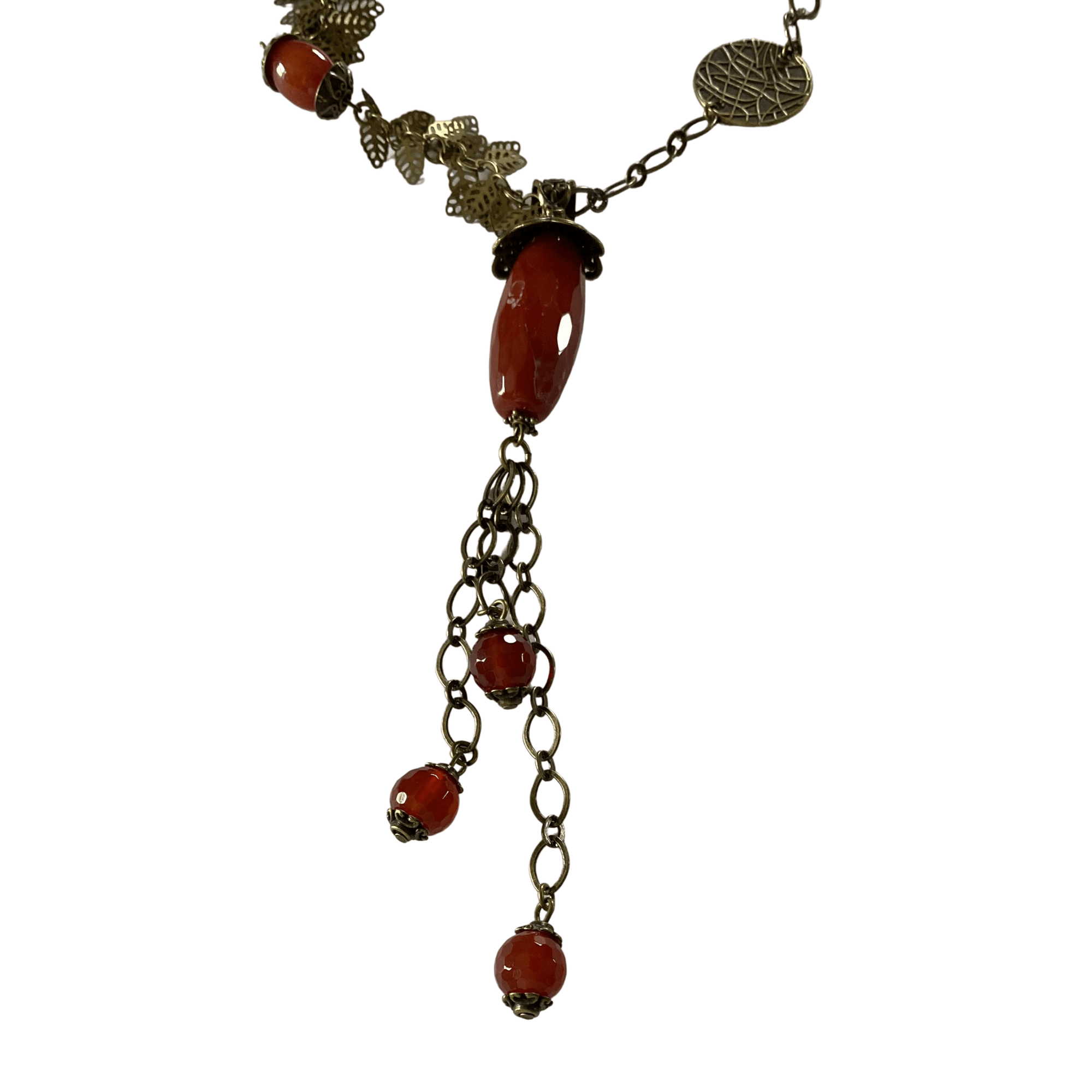 Antique Brass Chain and Carnelian Stone Pendant Necklace with Leaf Toggle Clasp-Necklaces- Creative Jewelry by Marcia