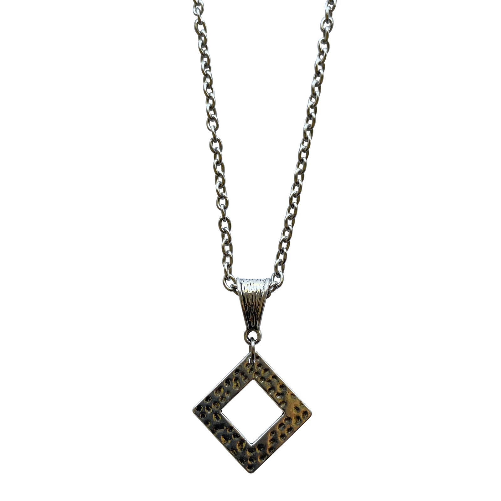 Silver Chain Necklace with Diamond Shape Pewter Pendant