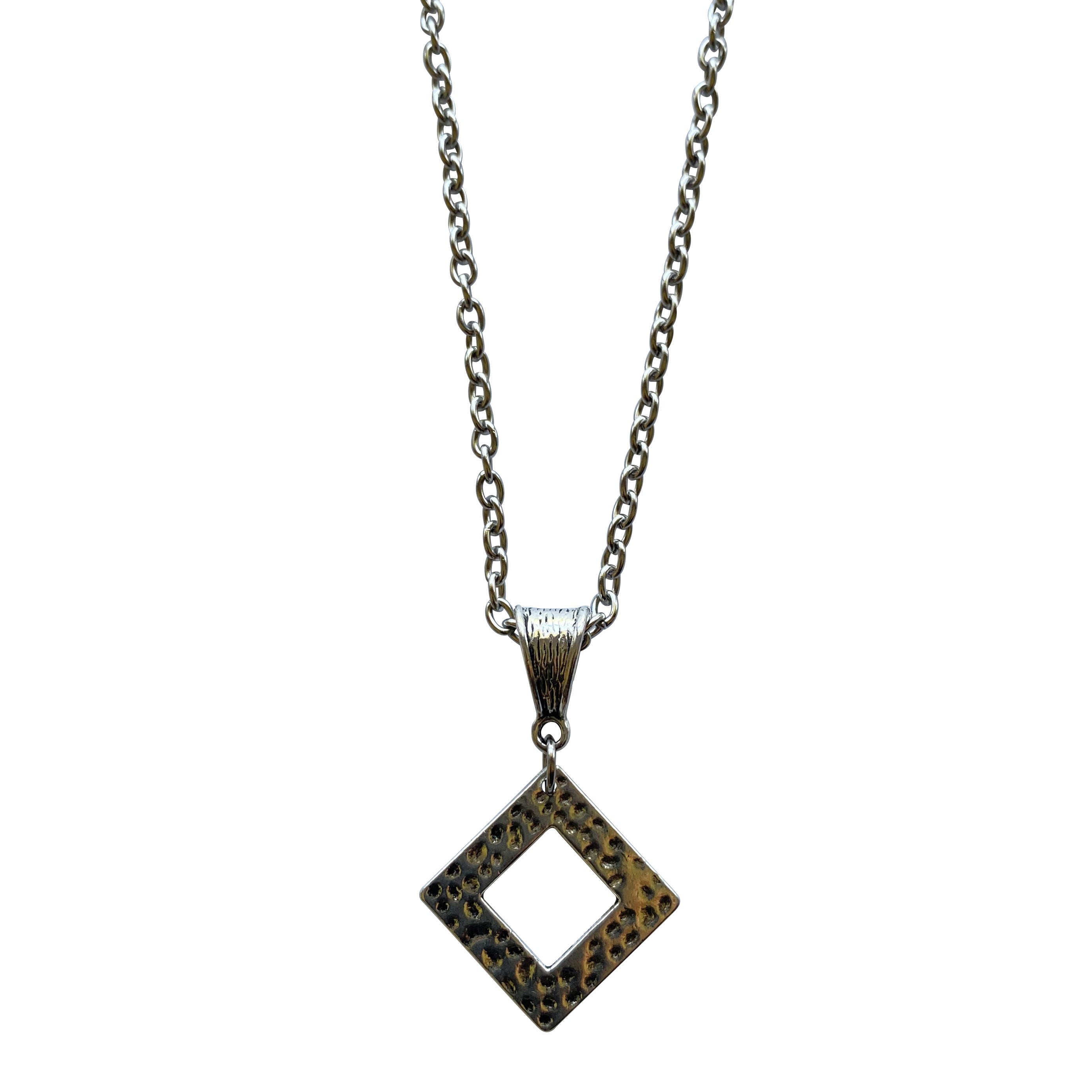 Silver Chain Necklace with Diamond Shape Pewter Pendant