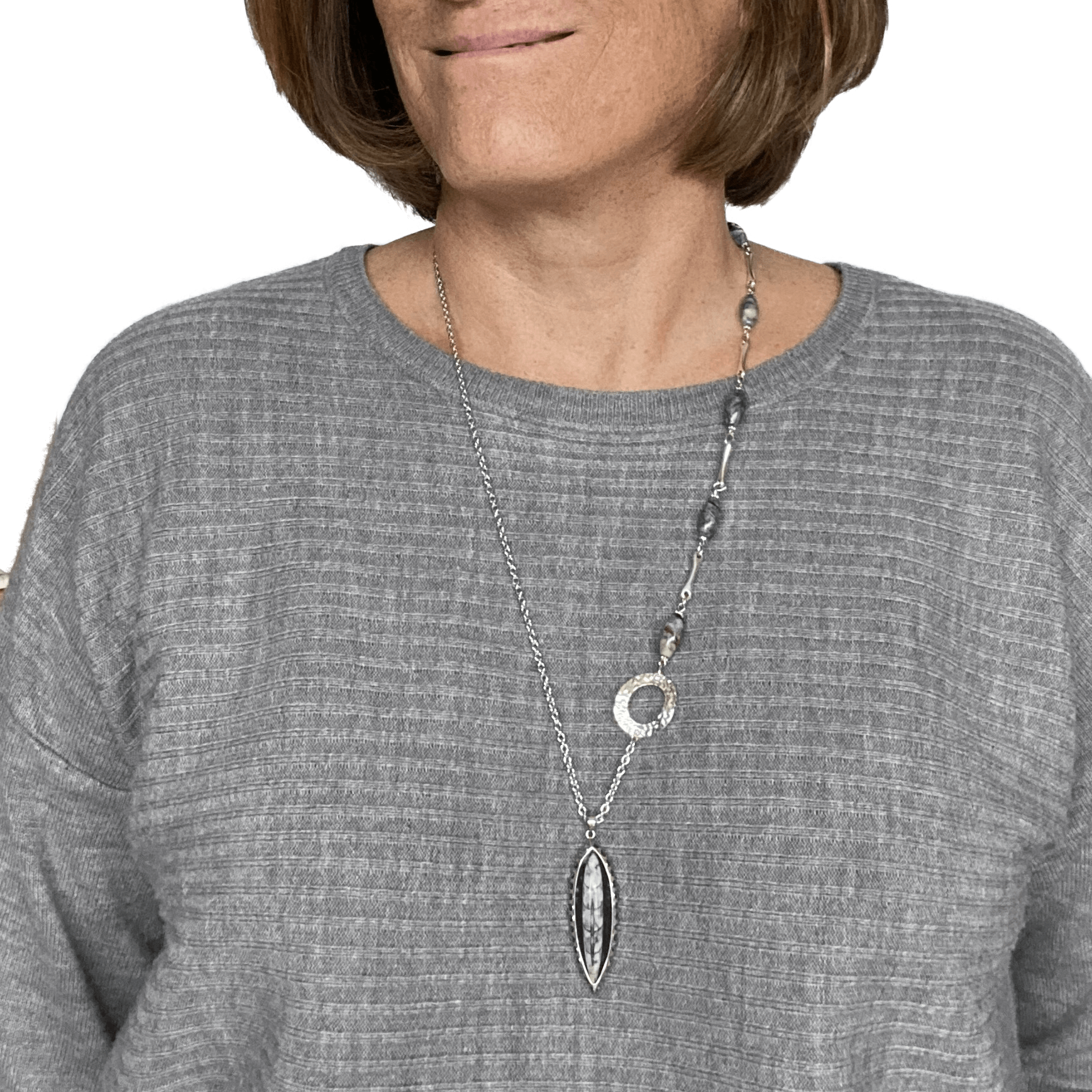Orthocera Fossil Pendant Silver Necklace With Jasper Stones - Creative Jewelry by Marcia - Asymmetrical Jewelry - Timeless Jewelry
