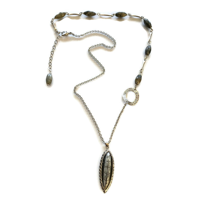 Orthocera Fossil Pendant Silver Necklace With Jasper Stones - Creative Jewelry by Marcia - Asymmetrical Jewelry - Timeless Jewelry