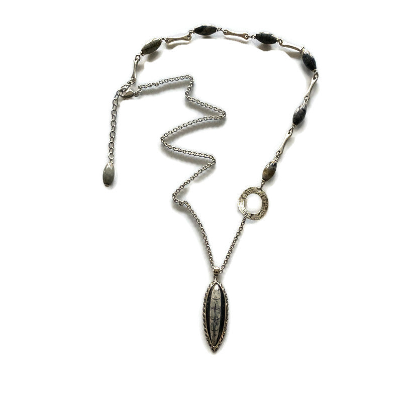 Orthocera Fossil Pendant Silver Necklace With Jasper Stones - Creative Jewelry by Marcia - Asymmetrical Jewelry - Timeless Jewelry
