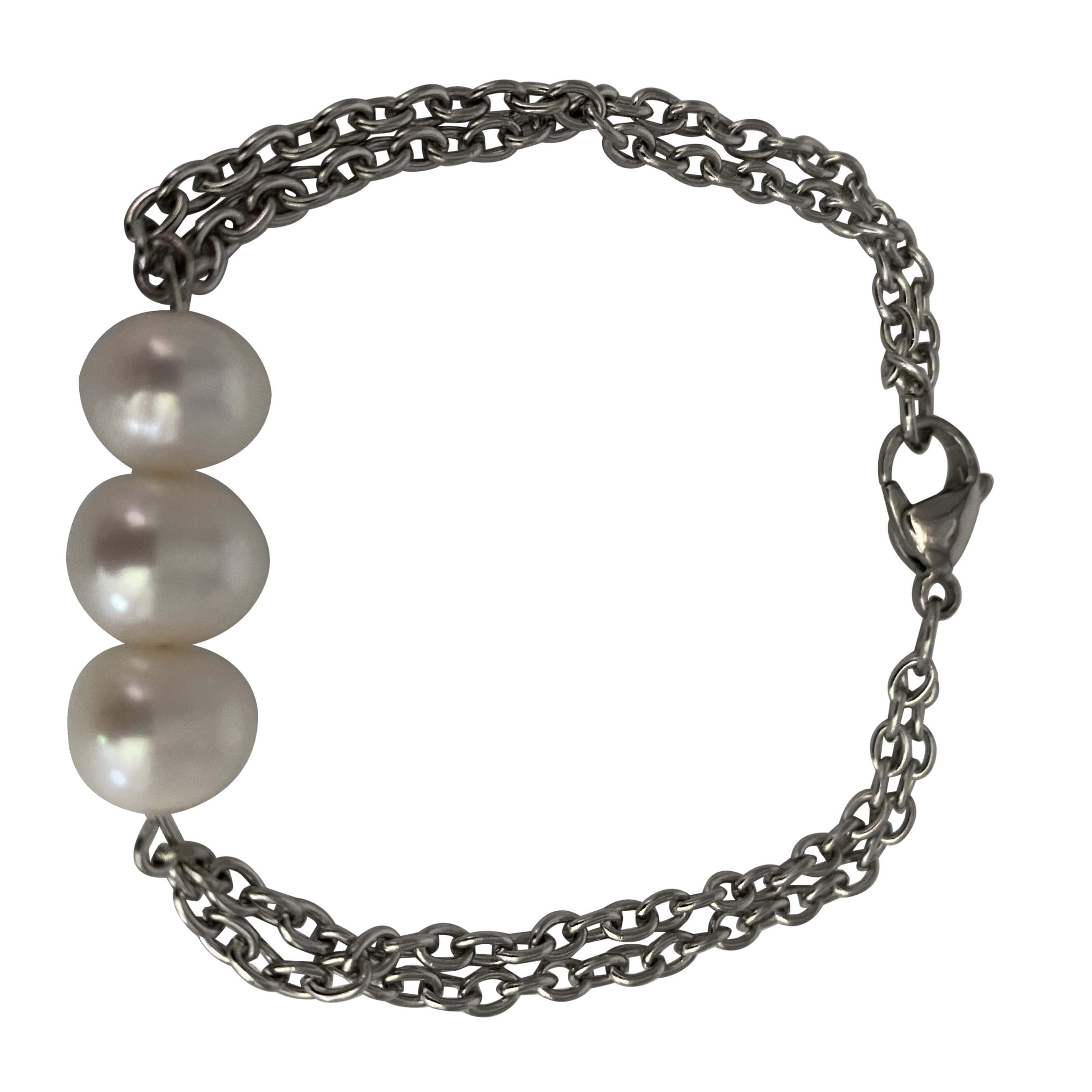 Three Freshwater Pearls Stainless Steel Chain Bracelet with Lobster Clasp-Bracelets- Creative Jewelry by Marcia