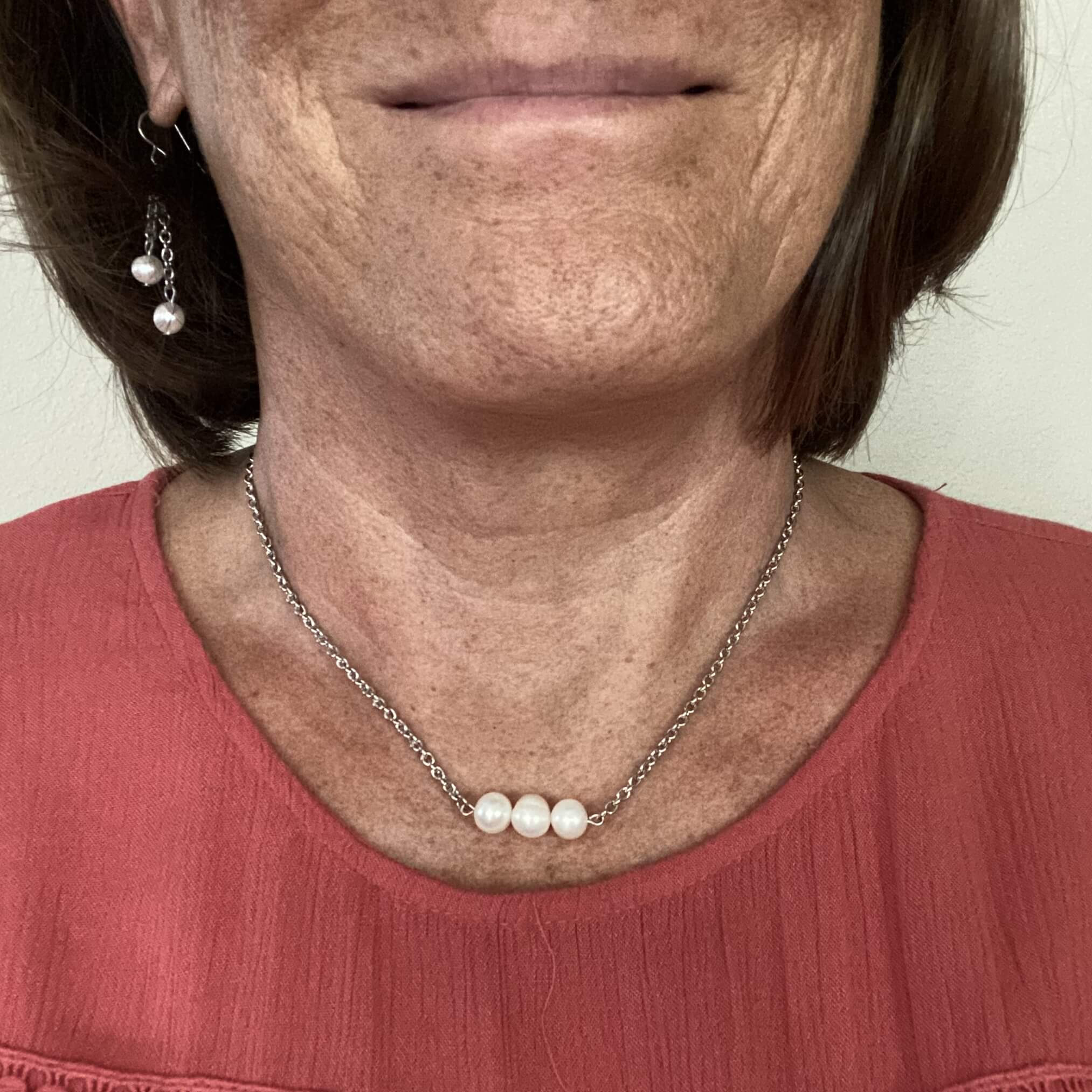 Three Freshwater Pearls Bar Pendant Necklace with Lobster Clasp-Necklaces- Creative Jewelry by Marcia