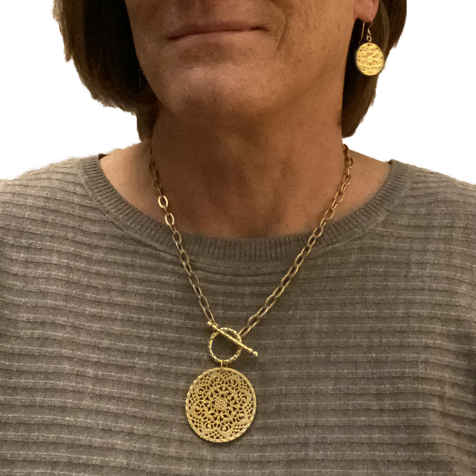 Brass Toggle Necklace with Brass Filigree Pendant - Creative Jewelry by Marcia - Asymmetrical Jewelry - Timeless Jewelry