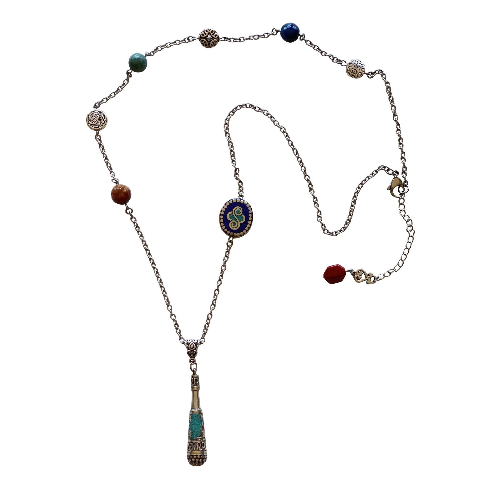Agate Stone Tibetan Silver Pendant Necklace with Lobster Clasp- Creative Jewelry by Marcia