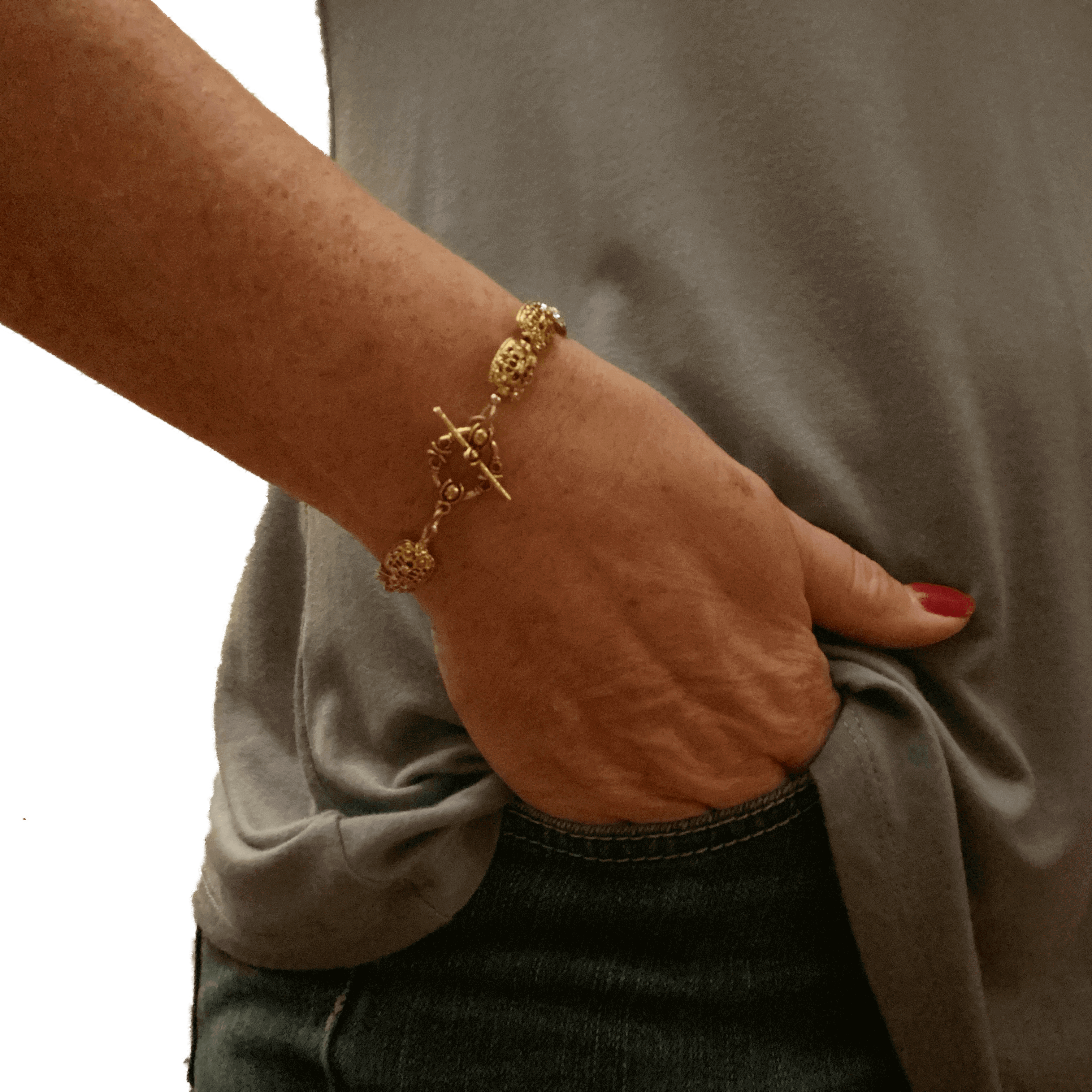 Pewter Brass Gold Bracelet with Oval Rectangle Beads - Creative Jewelry by Marcia - Asymmetrical Jewelry - Timeless Jewelry
