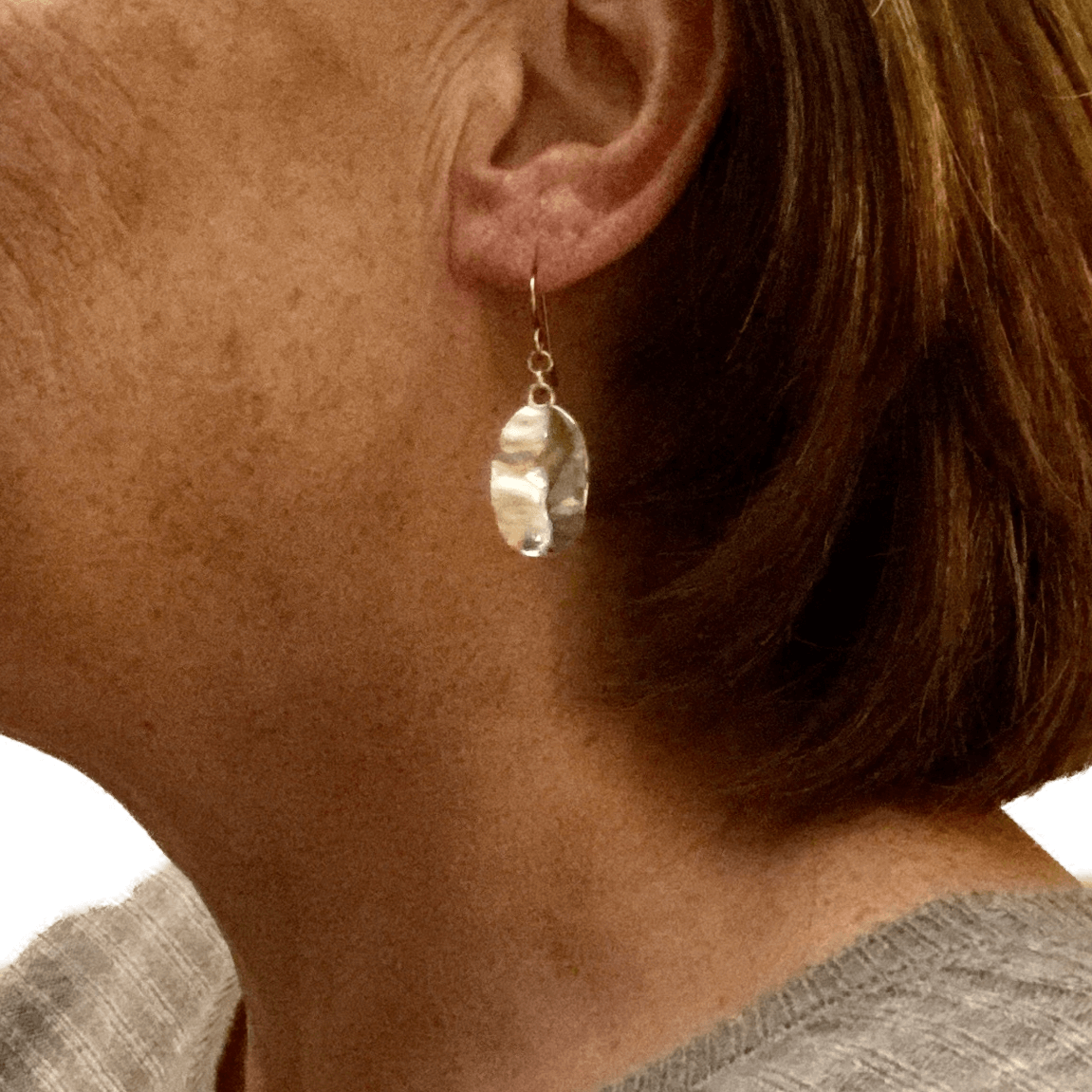 Pewter Oval Silver Earrings for Sensitive Ears - Creative Jewelry by Marcia - Asymmetrical Jewelry - Timeless Jewelry