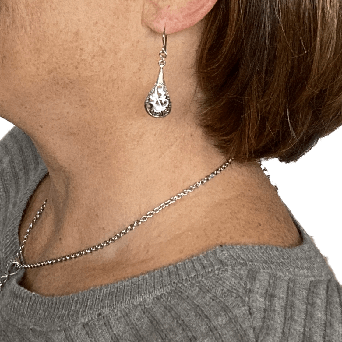 Pewter Silver Filigree Earrings for Sensitive Ears - Creative Jewelry by Marcia - Asymmetrical Jewelry - Timeless Jewelry