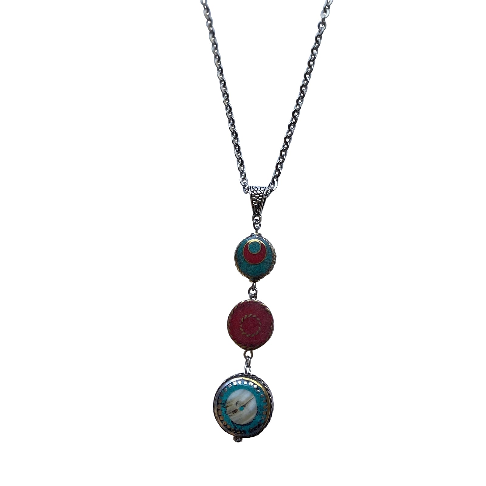 Teal and Red Tibetan Beads Pendant Necklace with Lobster Clasp- Creative Jewelry by Marcia