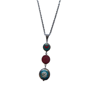 Teal and Red Tibetan Beads Pendant Necklace with Lobster Clasp- Creative Jewelry by Marcia