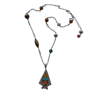 Tibetan Silver Coral and Turquoise Pendant Necklace with Wood Beads- Creative Jewelry by Marcia