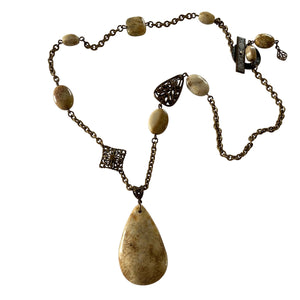 Vintaj Brass Chain and Fossil Coral Stone Pendant Necklace with Toggle Clasp-Necklaces- Creative Jewelry by Marcia