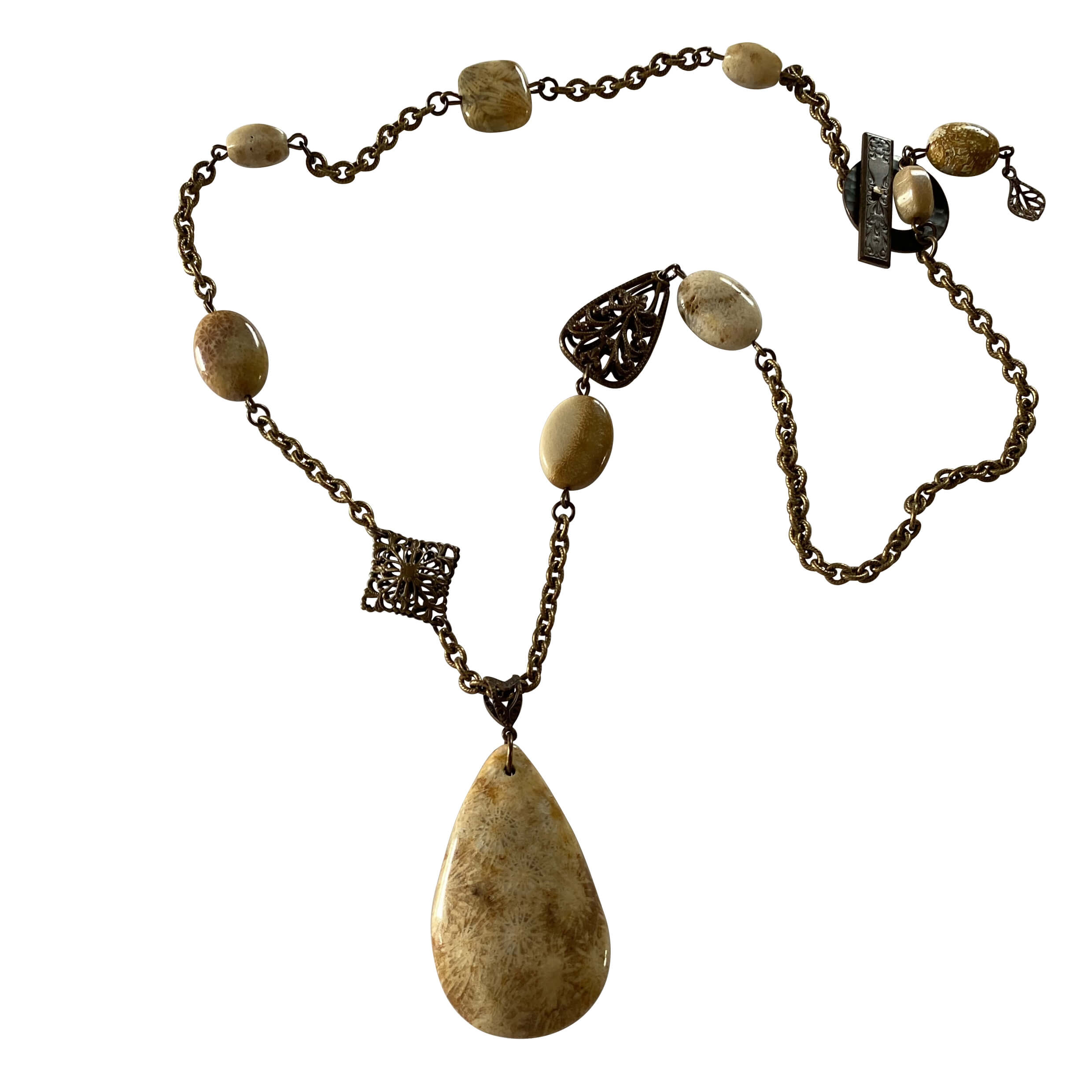 Vintaj Brass Chain and Fossil Coral Stone Pendant Necklace with Toggle Clasp-Necklaces- Creative Jewelry by Marcia