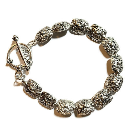 Pewter Silver Bracelet with Oval Rectangle Silver Beads - Creative Jewelry by Marcia - Asymmetrical Jewelry - Timeless Jewelry
