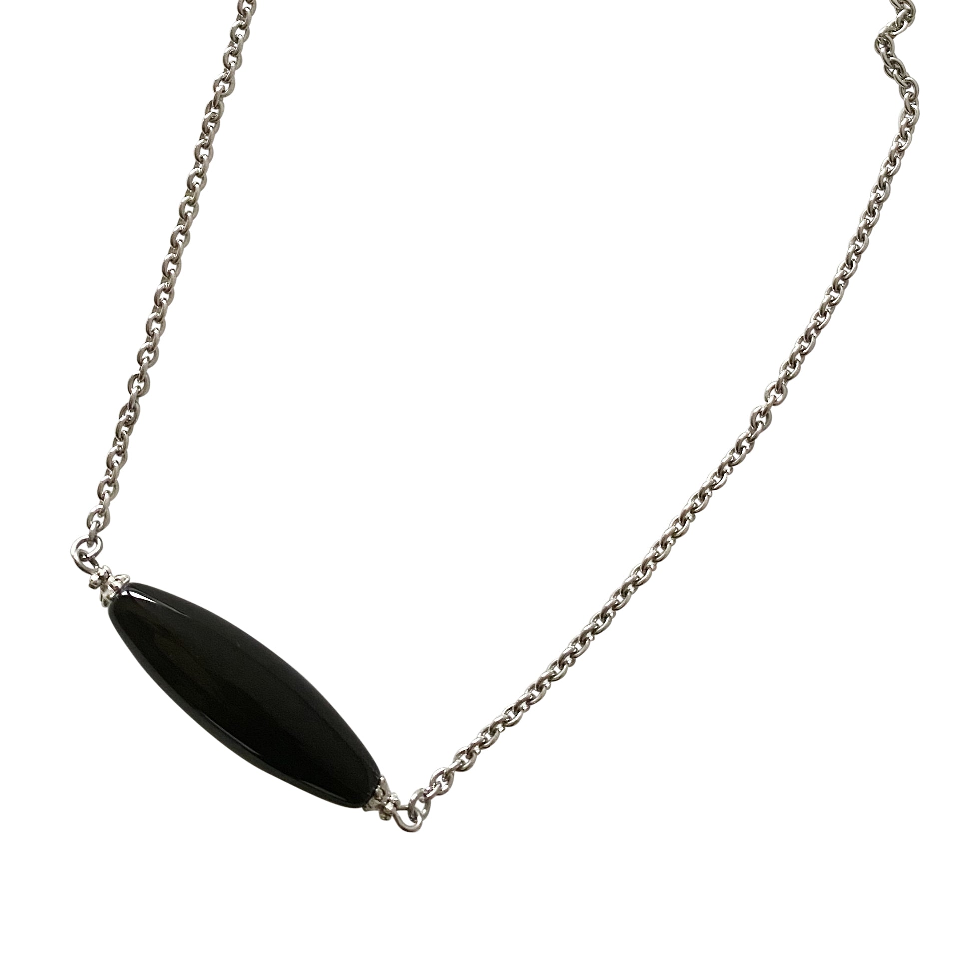 Black Onyx Bar Necklace with Stainless Steel Chain