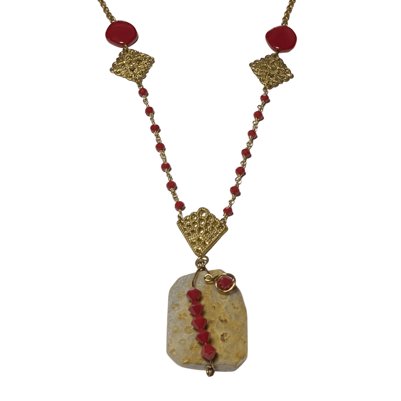 Fossil and Wire wrapped Swarovski Crystal Pendant Necklace with Toggle Clasp