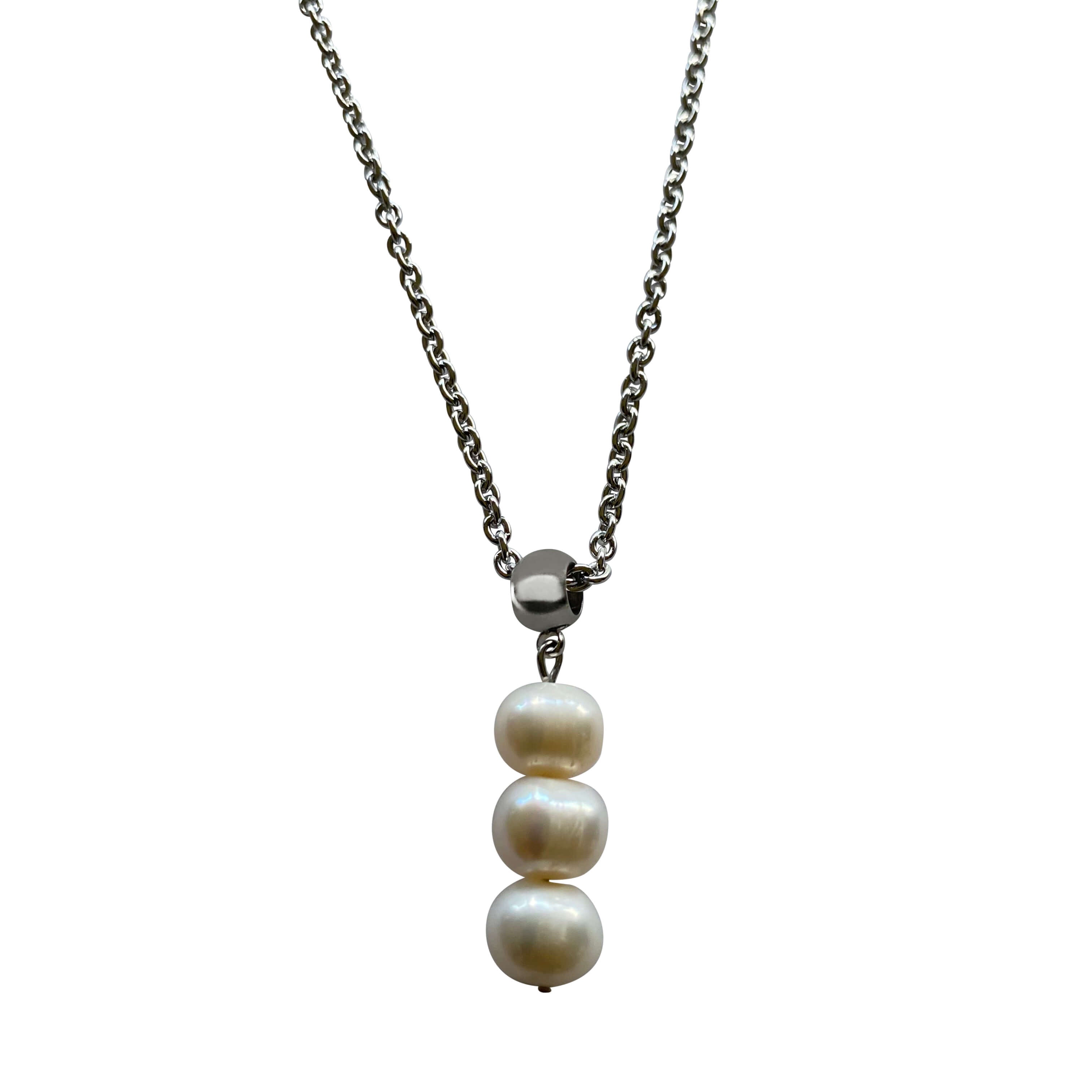 Three Freshwater Pearl Drop Pearl Necklace with Stainless Steel Silver Chain-Necklaces- Creative Jewelry by Marcia