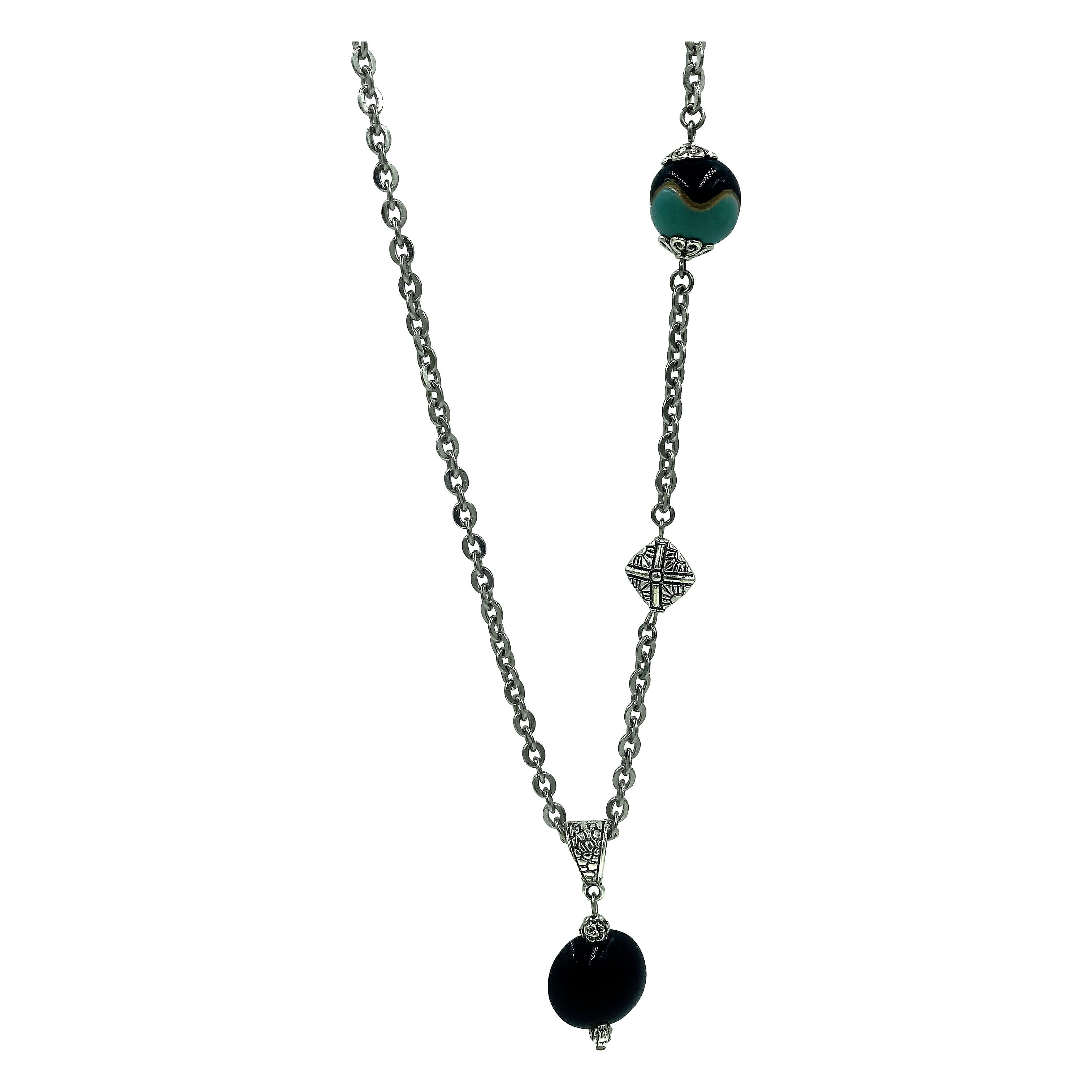 Midnight Blue Golem Pendant Asymmetrical Necklace with Silver Beads - Creative Jewelry by Marcia - Asymmetrical Jewelry - Timeless Jewelry