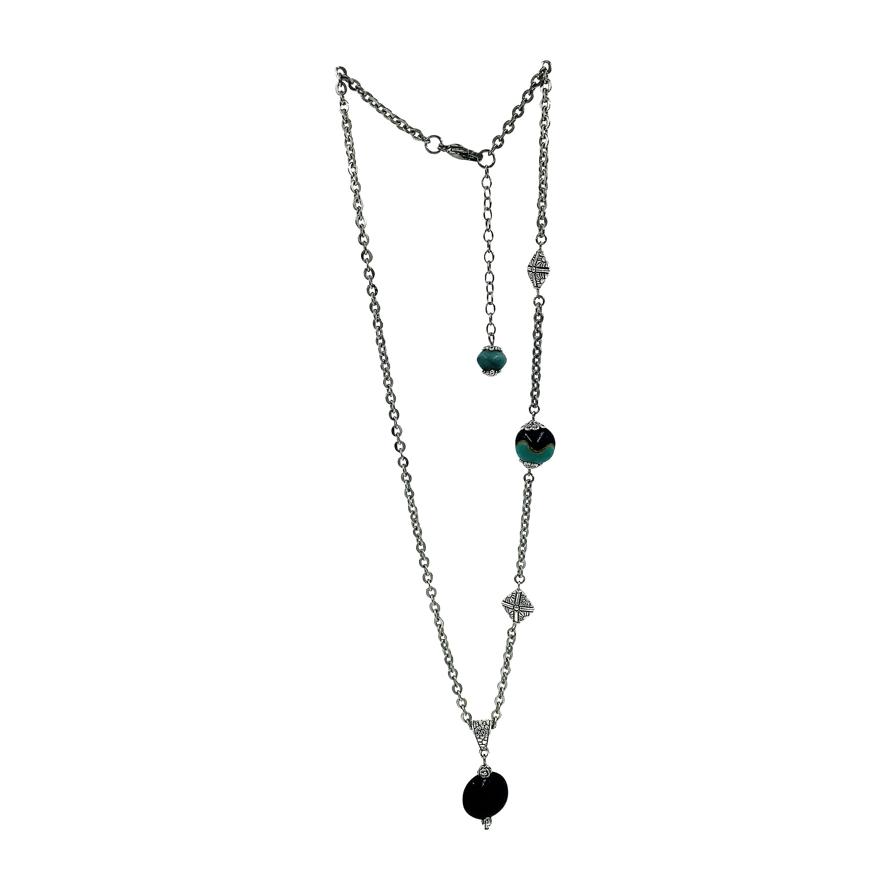 Midnight Blue Golem Pendant Asymmetrical Necklace with Silver Beads - Creative Jewelry by Marcia - Asymmetrical Jewelry - Timeless Jewelry