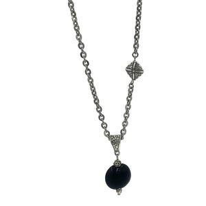 Midnight Blue Golem Pendant Asymmetrical Necklace with Silver Beads-Necklaces- Creative Jewelry by Marcia