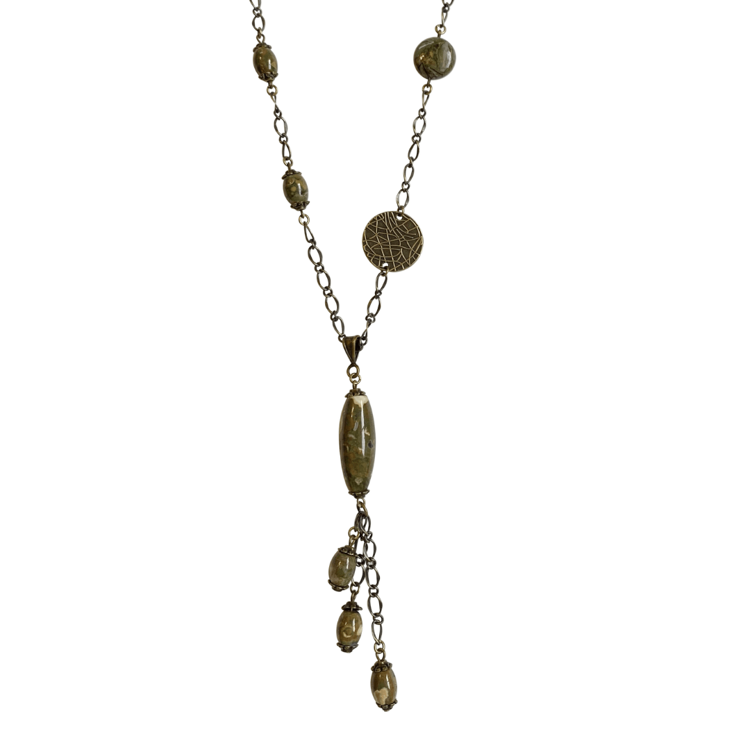 Rhyolite Brass Chain Link Long Pendant Necklace with Lobster Clasp-Necklaces- Creative Jewelry by Marcia