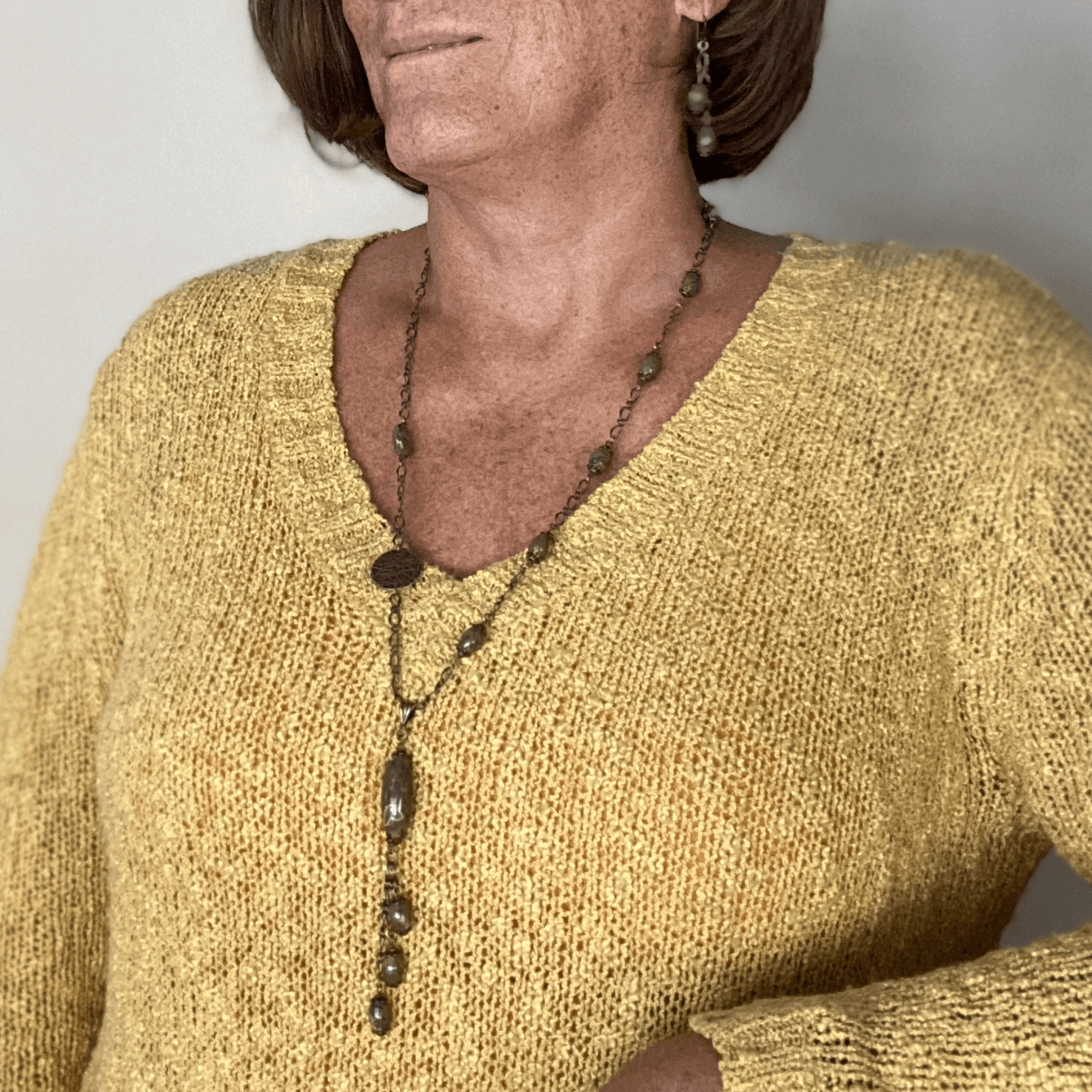 Rhyolite Brass Chain Link Long Pendant Necklace with Lobster Clasp-Necklaces- Creative Jewelry by Marcia