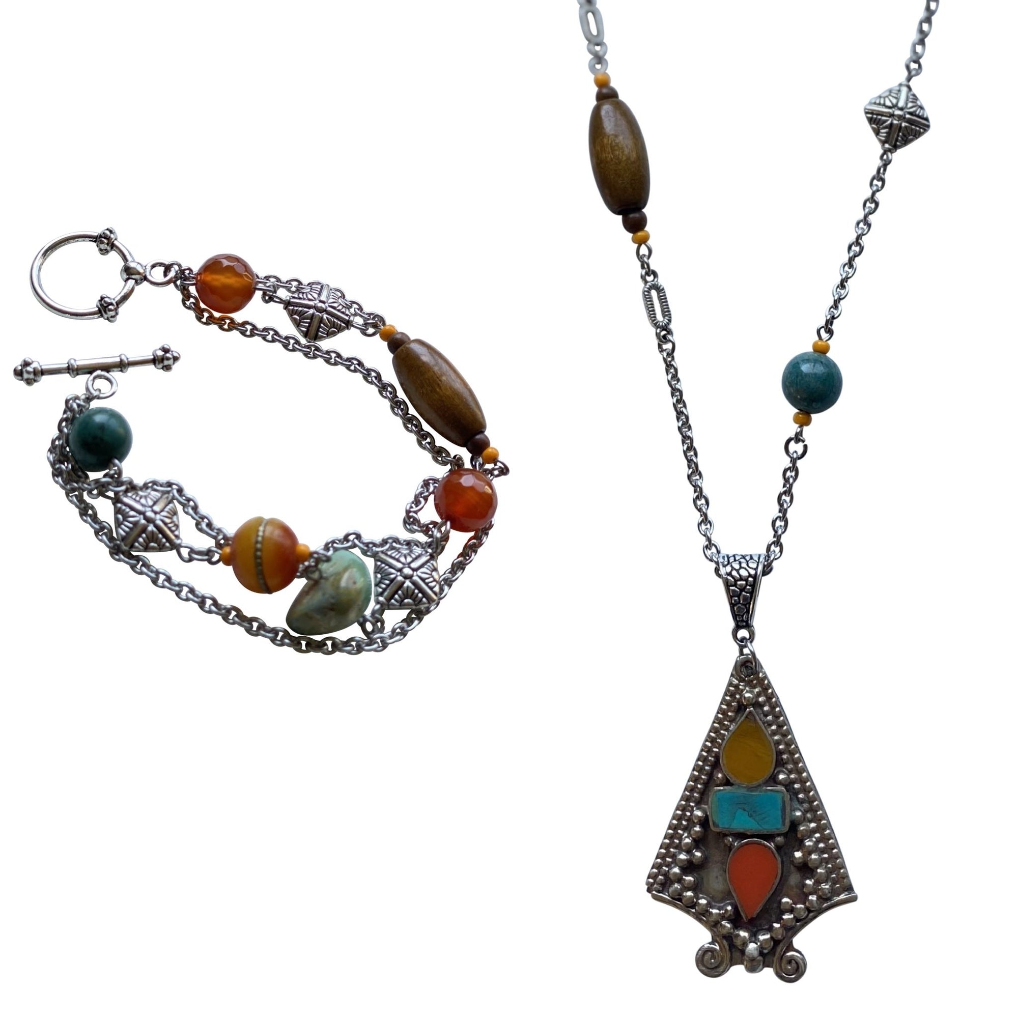 Tibetan Pendant Necklace with Stainless Steel Chain, Pewter Beads, Gemstones, Wood Beads