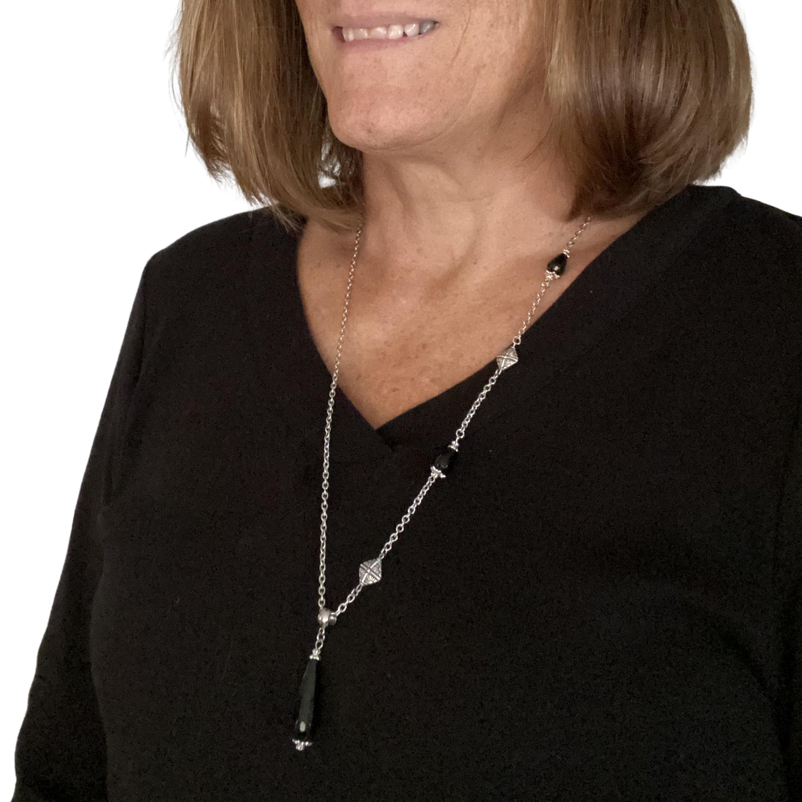 This is a photo for Womens Necklaces. Photo of me showing Silver Pendant Necklace with Chunky Stainless Steel Chain. This is a statement necklace from my Silver Lining Collection at Creativejewelrybymarcia.com