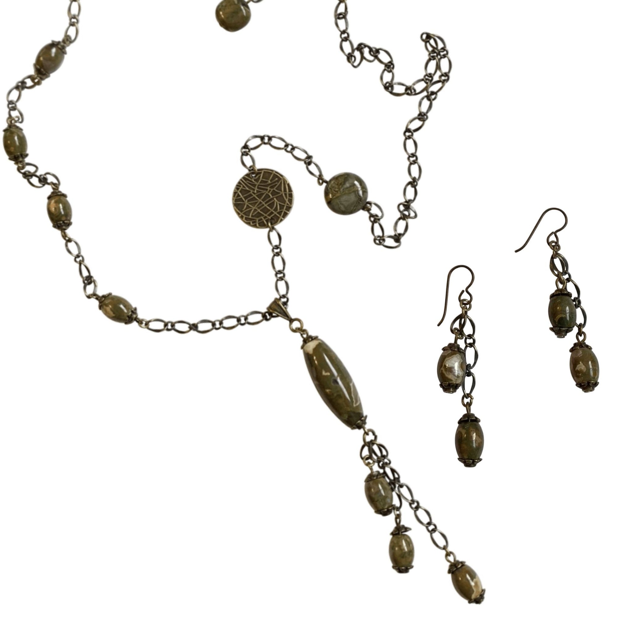 Brass chain and gemstone necklace with rhyolite stones and rhyolite and chain earrings with niobium ear wires for sensitive ears. These are part of my Mini Rhyolite Collection at creativejewelrybymarcia.com