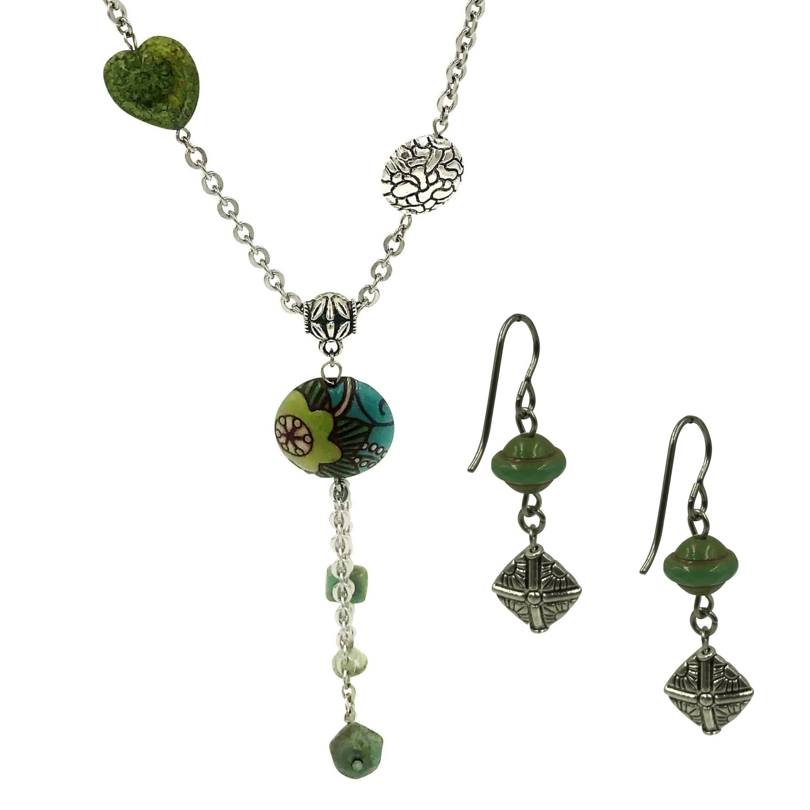 Long Pendant Necklace with gemstones and Stainless Steel Chain and matching silver gemstone bracelets. The colors remind me of the ocean with the hues of lighter and teal blues. This is part of my Teal Golem Collection.