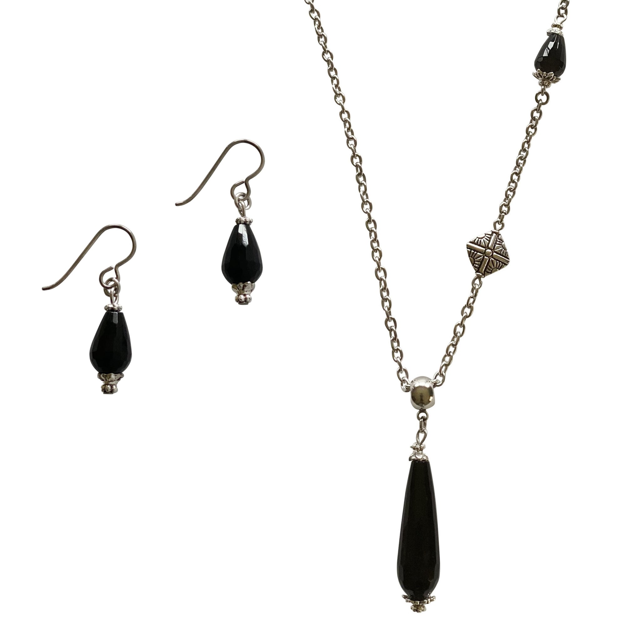 Black Onyx Necklace and Black Onyx and Silver Chain bracelet with toggle clasp. Both of these pieces use thinner stainless steel chain.