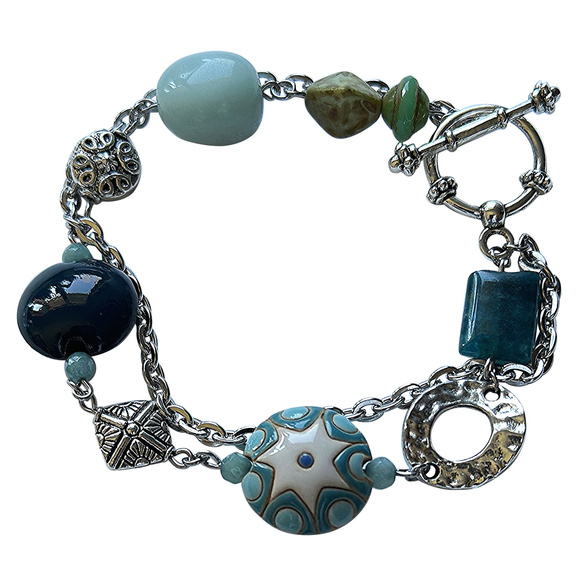 Silver Chain, Gemstone Bracelet with Teal Amazonite and Apatite Stones
