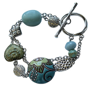 Silver Gemstone, Boho Bracelet with Amazonite Stone and Golem Clay Beads