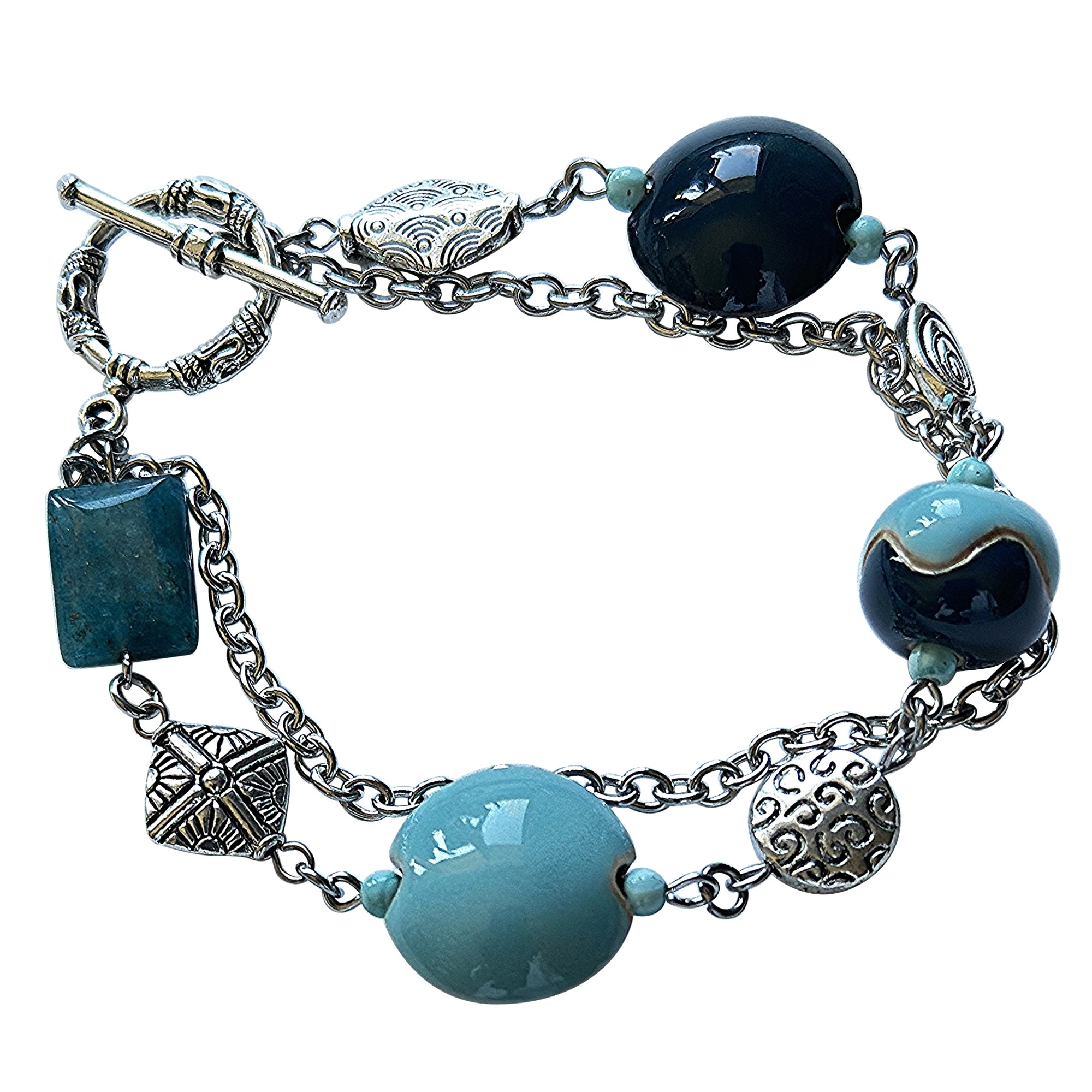 Teal and Aqua Golem Clay, Stone Bracelet with Stainless Steel Chain and Apatite Stone
