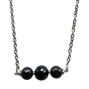 Faceted Black Onyx Stone Necklace with Stainless Steel Chain