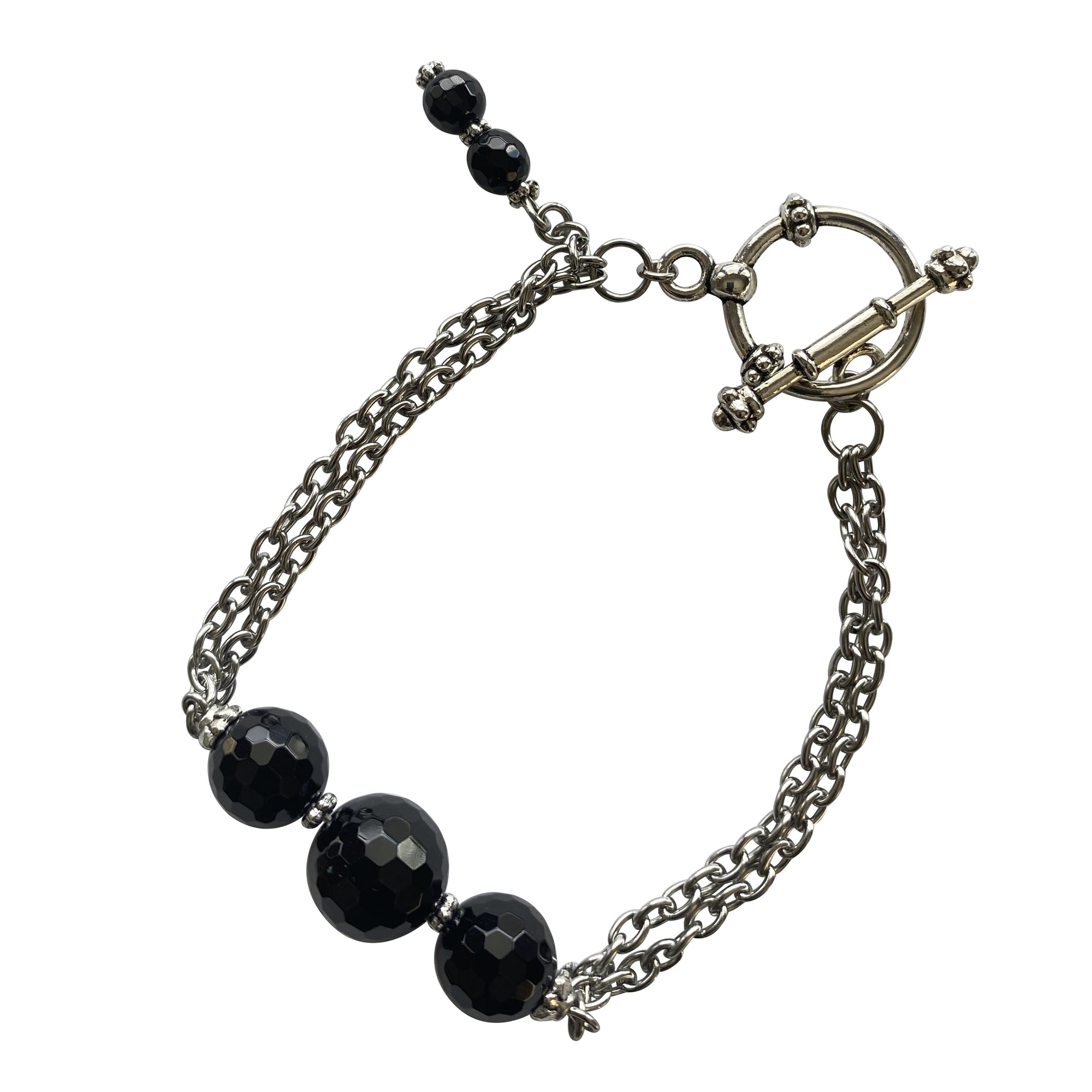 Faceted Black Onyx Silver Chain Bracelet
