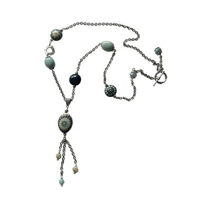 Teal Flower Long Pendant Necklace with Golem Clay Beads