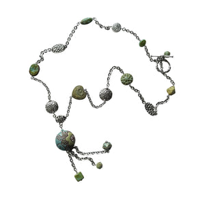 Golem Round Pendant Necklace with Teal and Green and Silver Beads