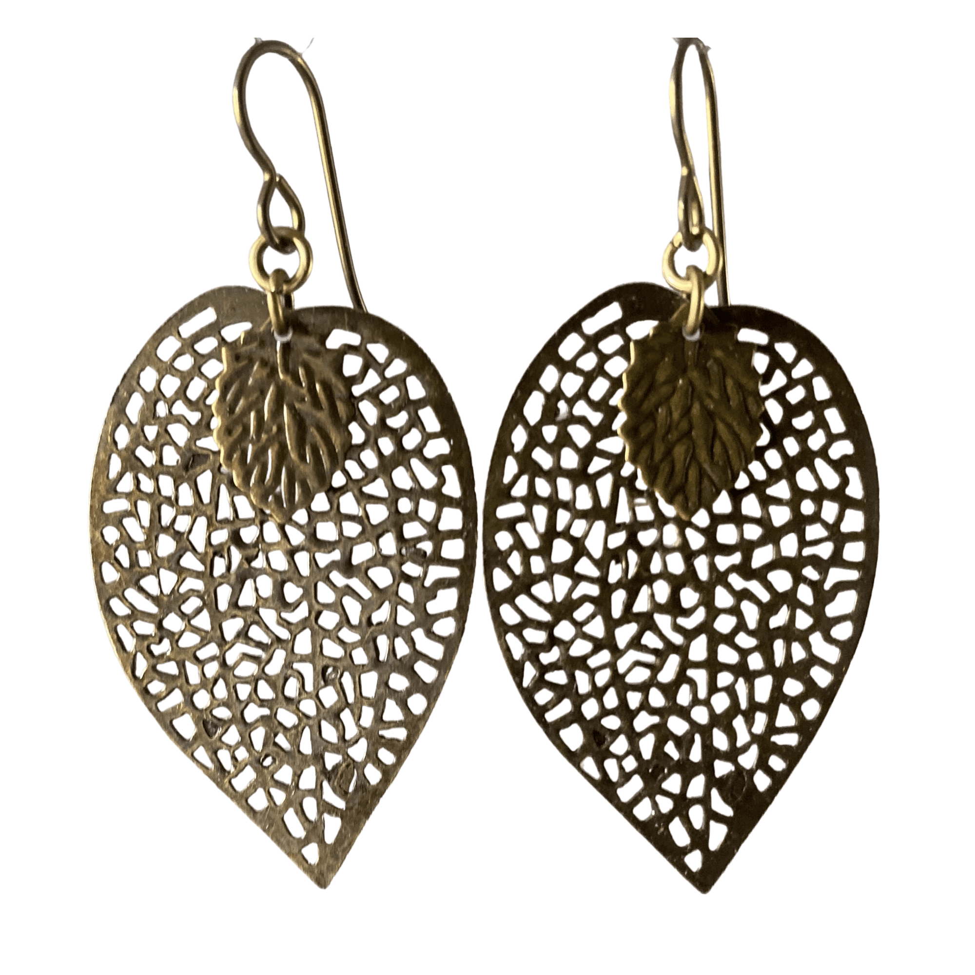 Antique Brass Leaf Filigree Earrings for Sensitive Ears-Earrings- Creative Jewelry by Marcia