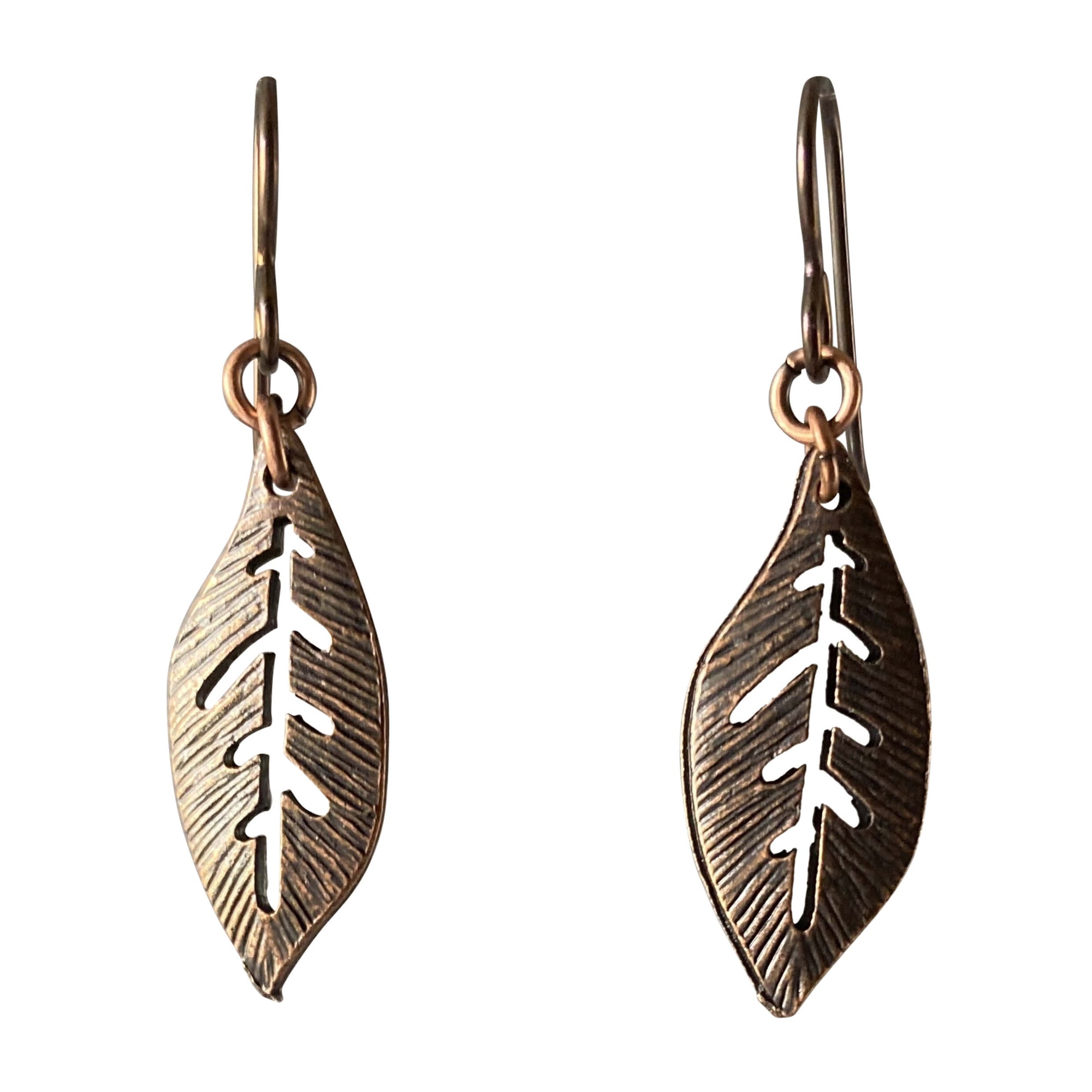 Antique Copper Oval Leaf Earrings for Sensitive Ears-Earrings- Creative Jewelry by Marcia