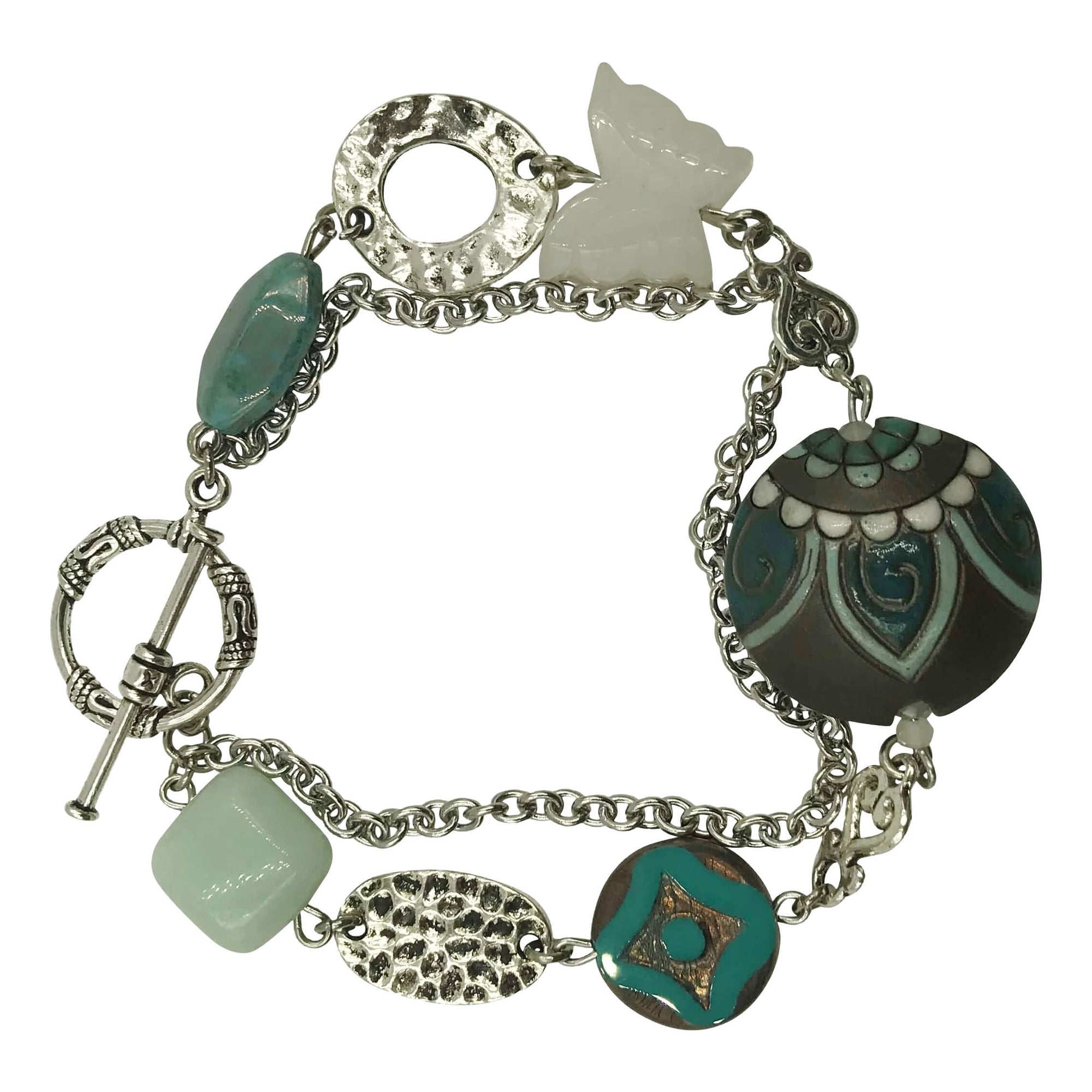 Brown Paisley Print Focal Bracelet with Stainless Steel Chain and Amazonite Stone-Bracelets- Creative Jewelry by Marcia