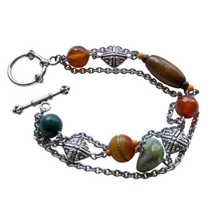 Wood, Turquoise, and Carnelian Stone Bracelet with Toggle Clasp- Creative Jewelry by Marcia
