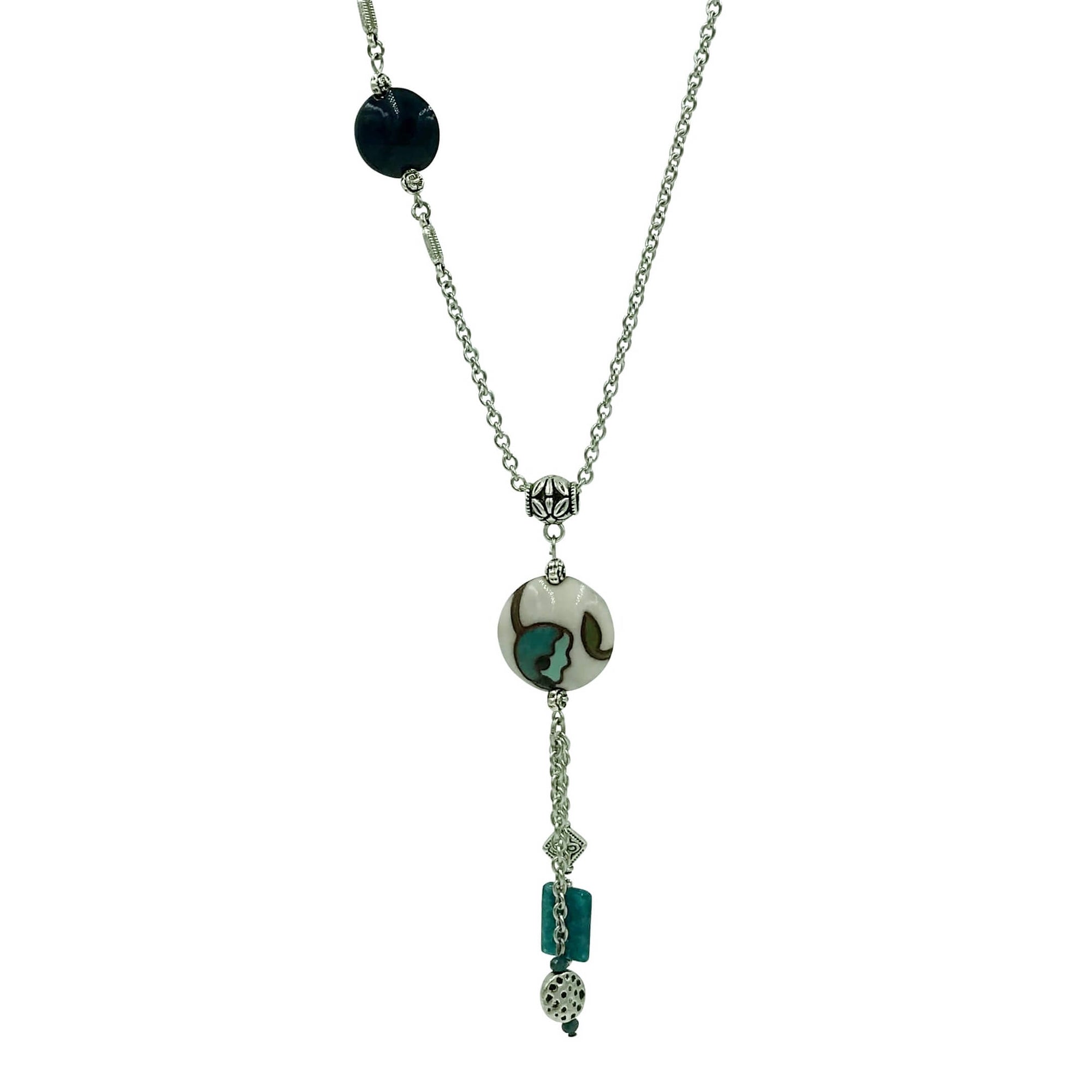 Teal Flower Golem Pendant Necklace with Apatite Stone and Golem Clay Beads-Necklaces- Creative Jewelry by Marcia