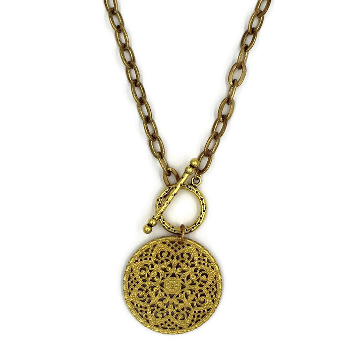 Brass Toggle Necklace with Brass Filigree Pendant - Creative Jewelry by Marcia - Asymmetrical Jewelry - Timeless Jewelry