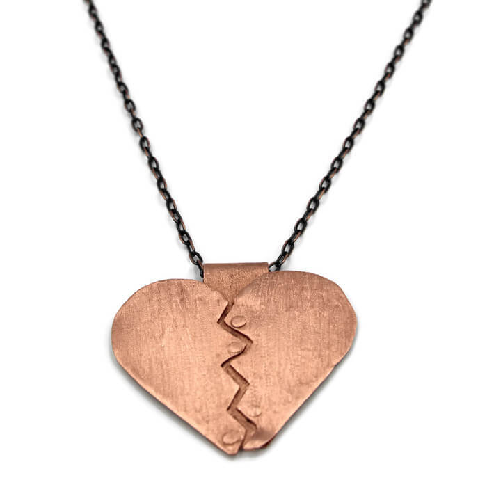 Broken Heart Necklace - Antique Bronze Glass Gothic Valentines Pendant 24