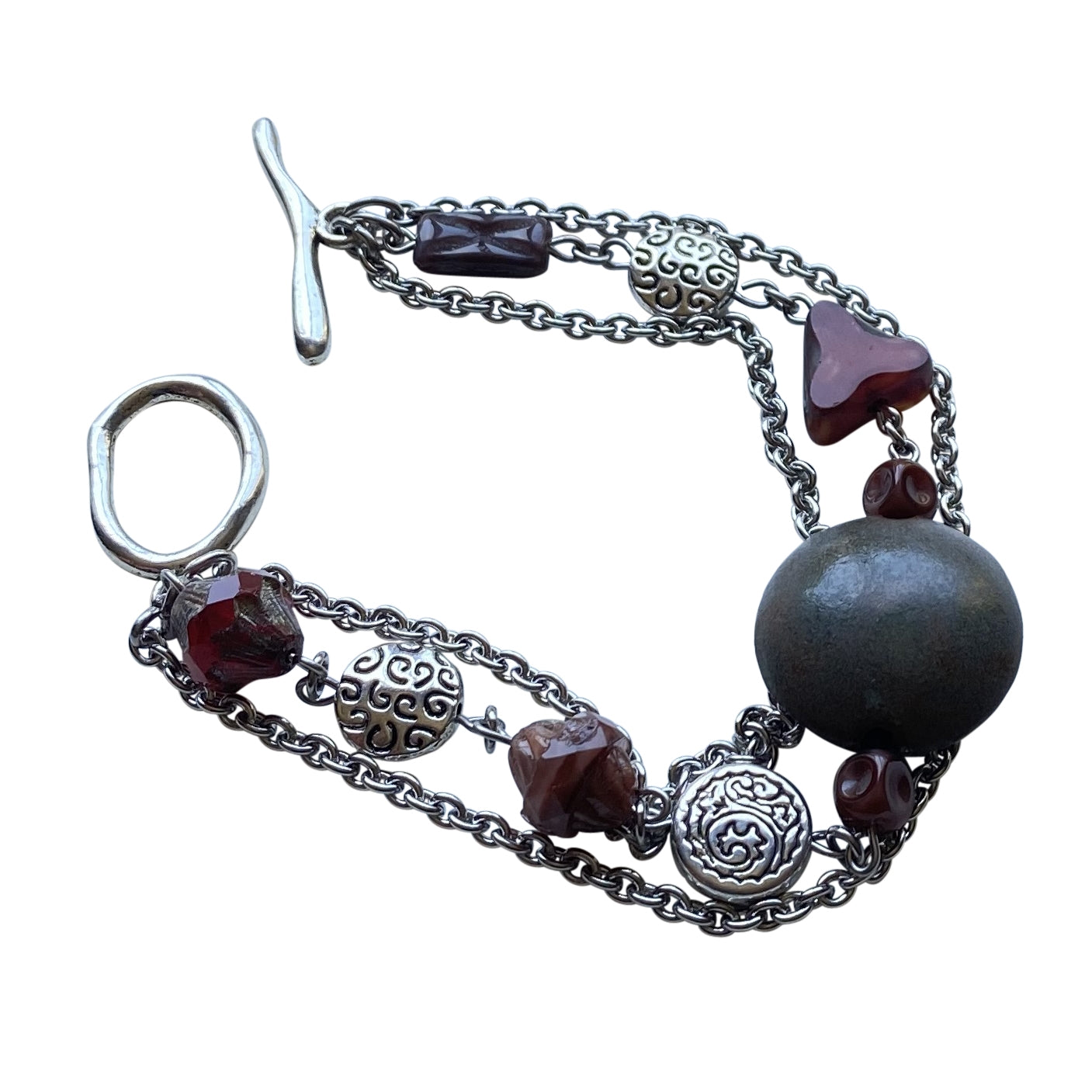 Mystery Focal Bead Silver Chain Bracelet with Toggle Clasp- Creative Jewelry by Marcia