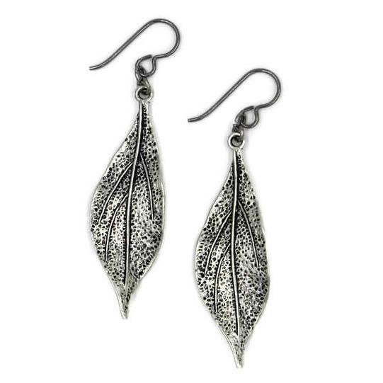 Long Silver Pewter Leaf Earrings for Sensitive Ears - Creative Jewelry by Marcia - Asymmetrical Jewelry - Timeless Jewelry
