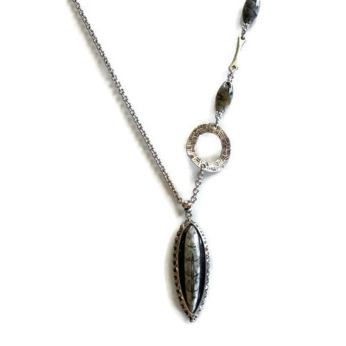 Orthocera Fossil Pendant Silver Necklace With Jasper Stones - Creative Jewelry by Marcia - Asymmetrical Jewelry - Timeless Jewelry